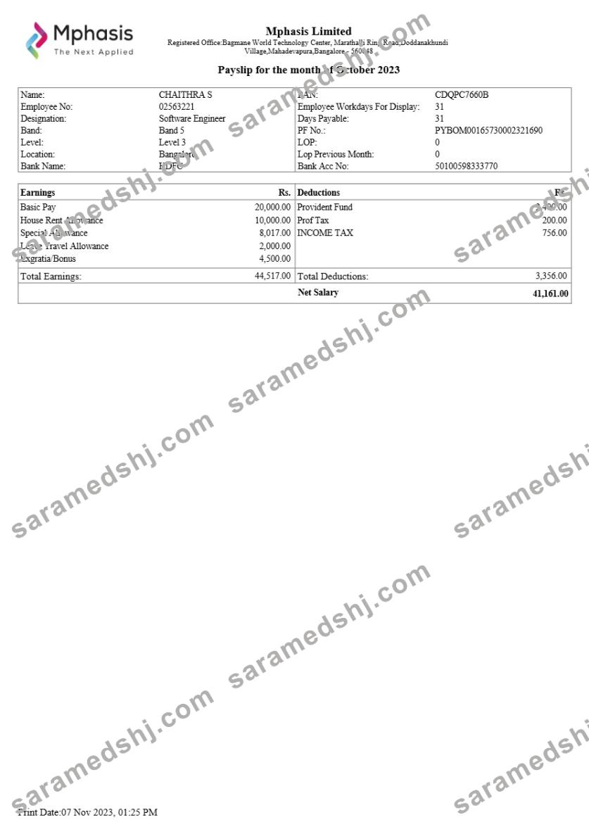 Mphasis IT company payslip template in Word and PDF formats.pdf, 1